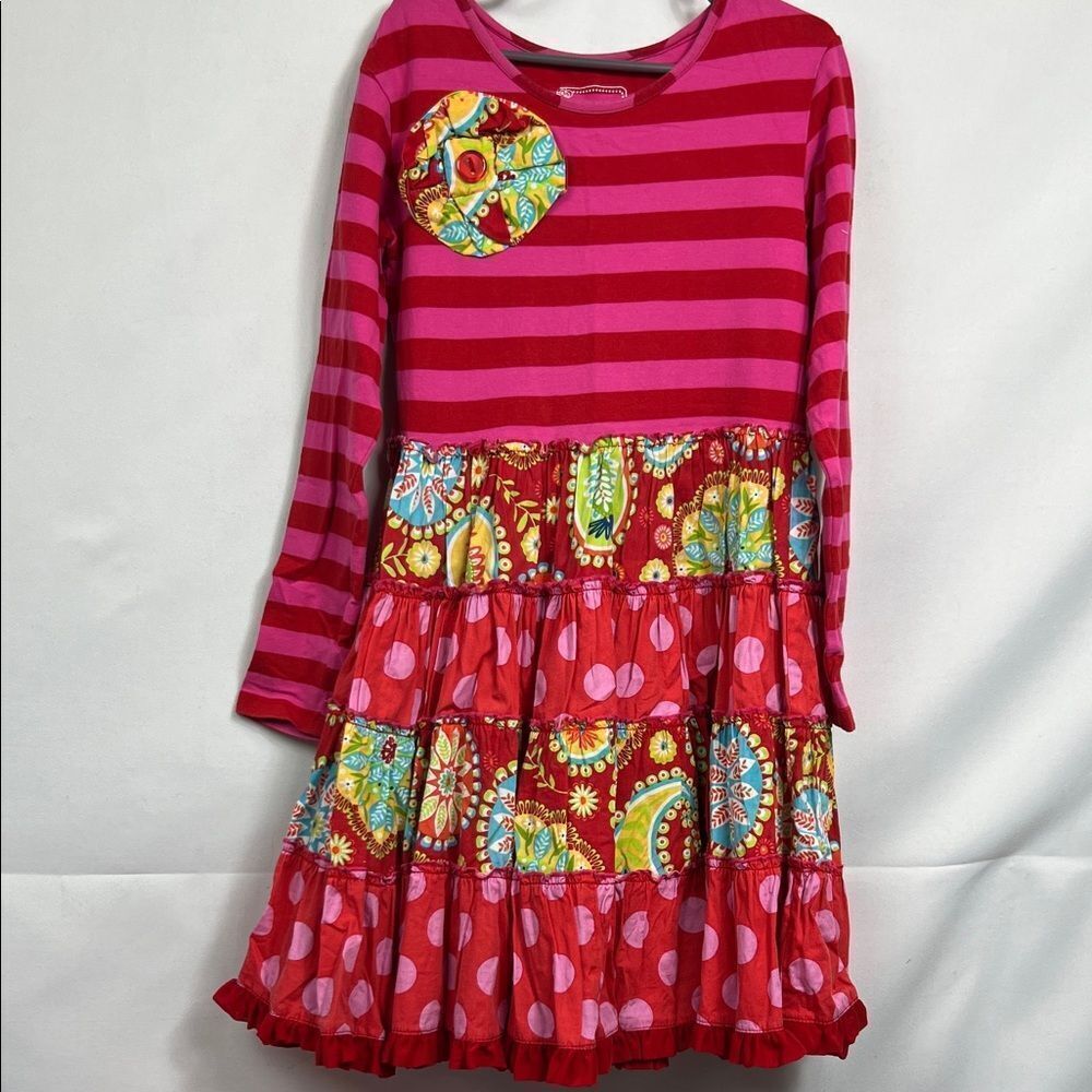 Mustard Pie pink and red stripes and floral ruffle tiered twirl dress size 6